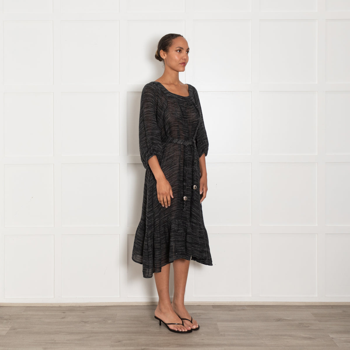 Lisa Marie Fernandez Black White Open Weave Linen Midi Dress