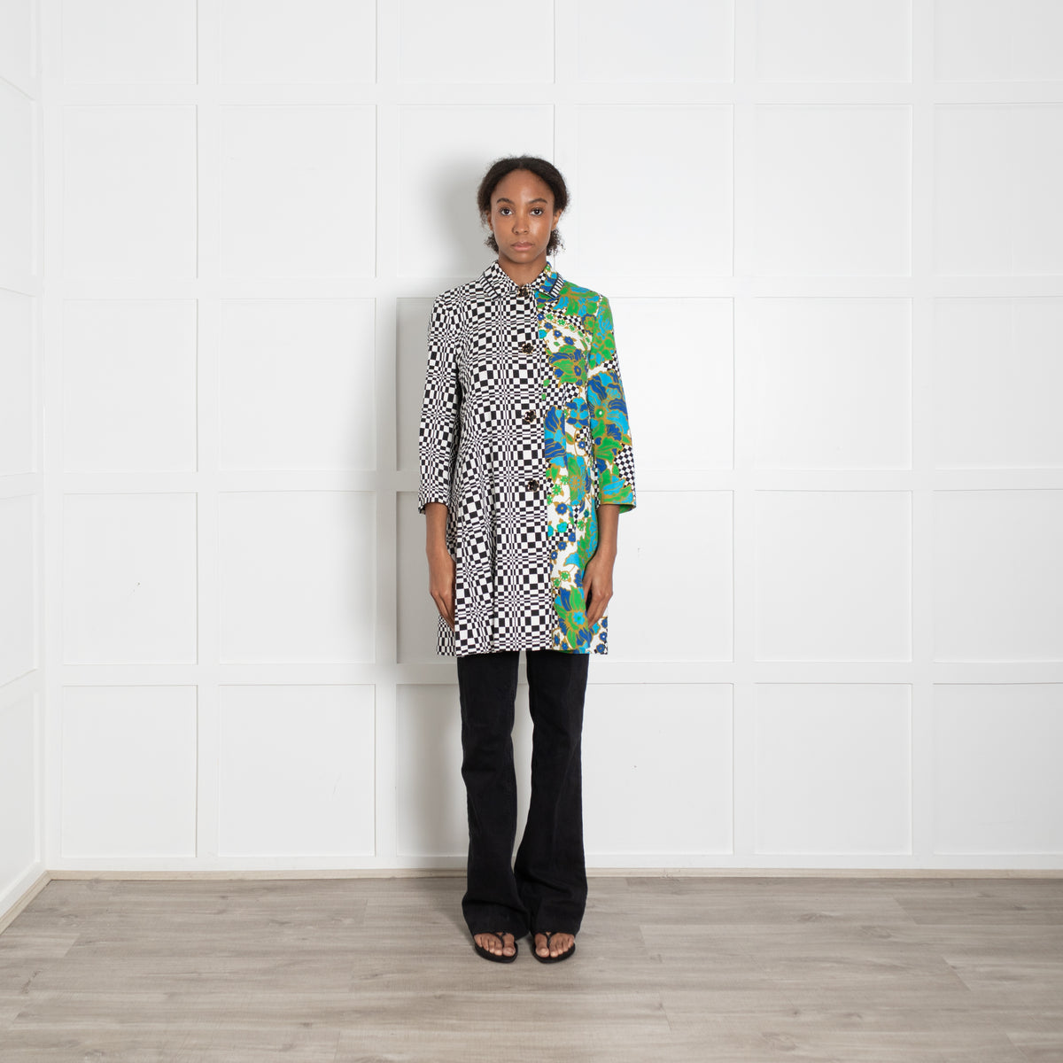 Weekend Max Mara White Black Check Green Floral Print Coat