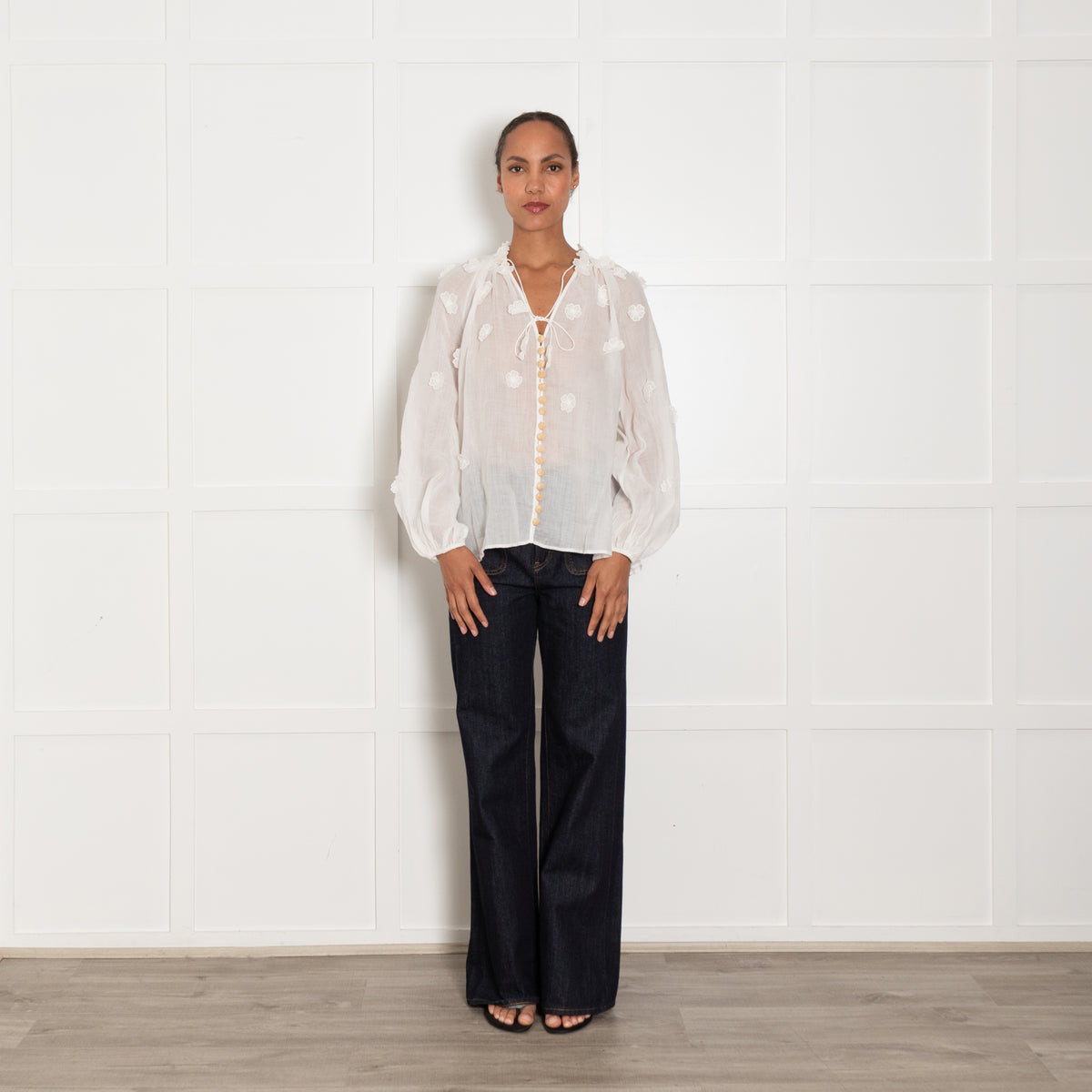 Zimmermann White Linen Lola Applique Flower Blouse