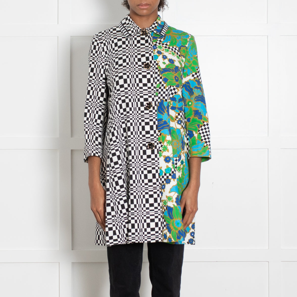 Weekend Max Mara White Black Check Green Floral Print Coat