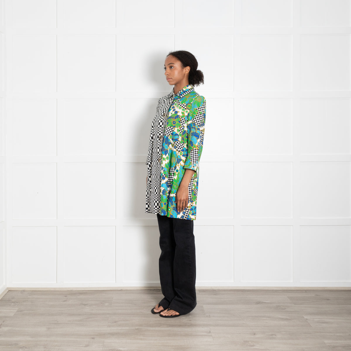 Weekend Max Mara White Black Check Green Floral Print Coat