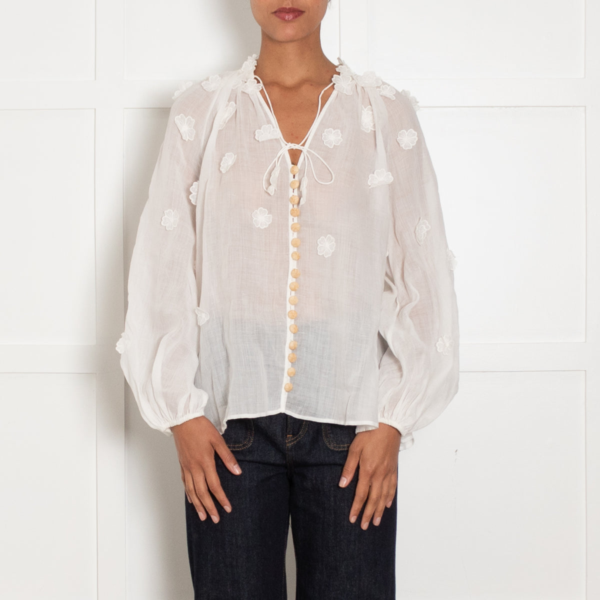 Zimmermann White Linen Lola Applique Flower Blouse