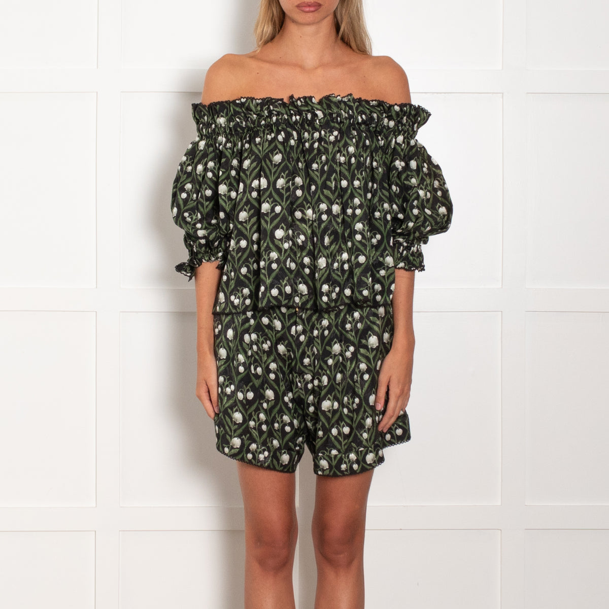 Agua Bendita Black Green Floral Off The Shoulder Oversized Cropped Top