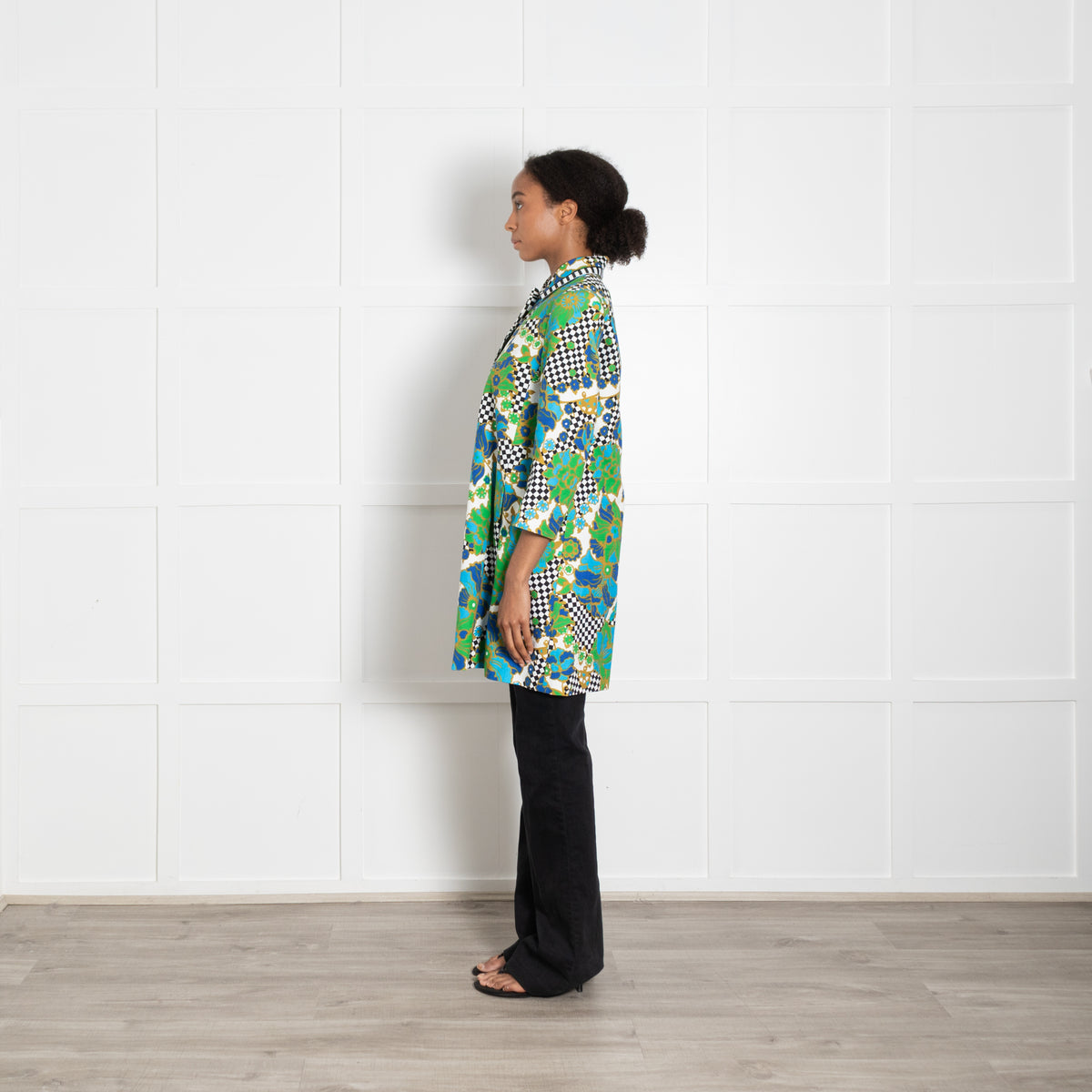Weekend Max Mara White Black Check Green Floral Print Coat