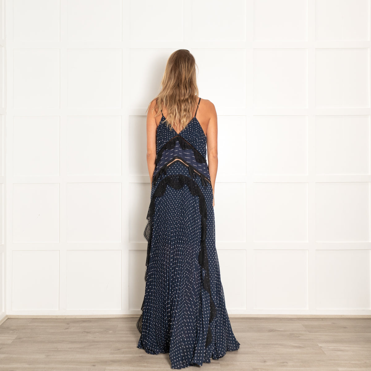 Self-Portrait Navy Polka Dot Lace Maxi Dress with Spaghetti Straps