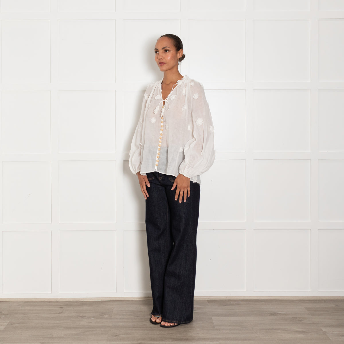 Zimmermann White Linen Lola Applique Flower Blouse