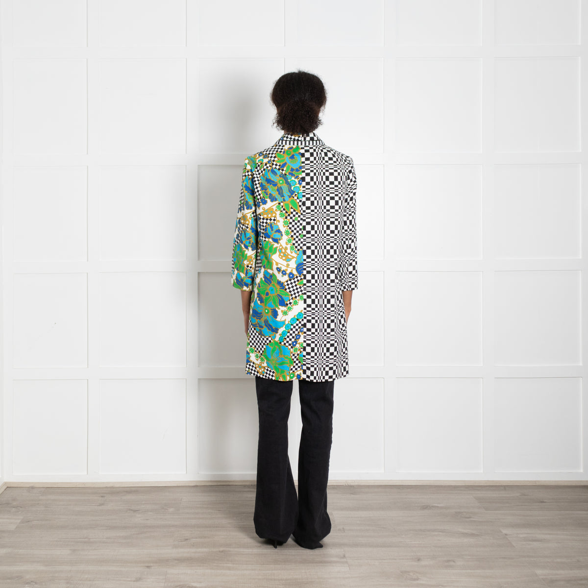 Weekend Max Mara White Black Check Green Floral Print Coat