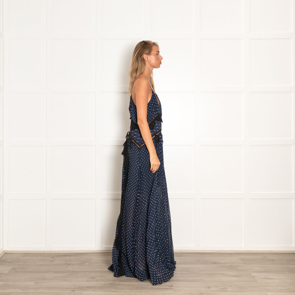 Self-Portrait Navy Polka Dot Lace Maxi Dress with Spaghetti Straps