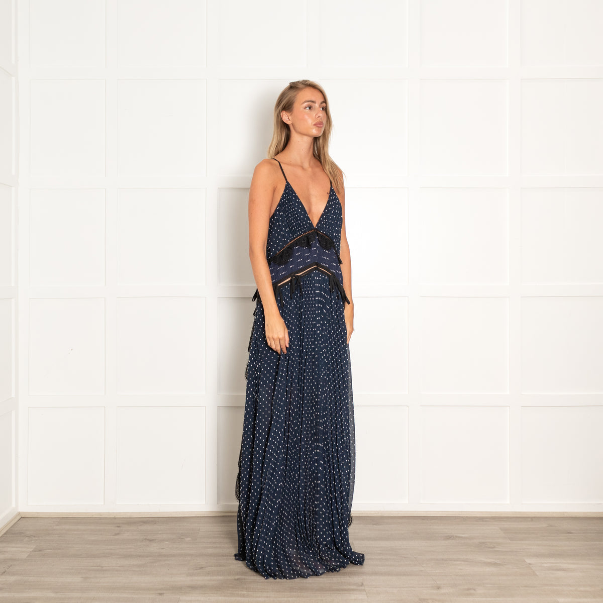 Self-Portrait Navy Polka Dot Lace Maxi Dress with Spaghetti Straps