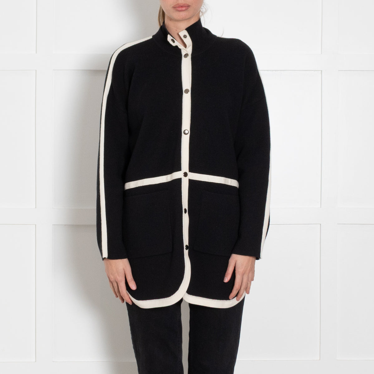 Strenesse Black Long Cardigan with Cream Piping And Popper Front