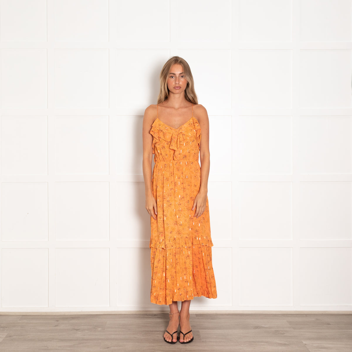 Suncoo Orange Spaghetti Strap Midi Dress with Lurex Thread UK 10