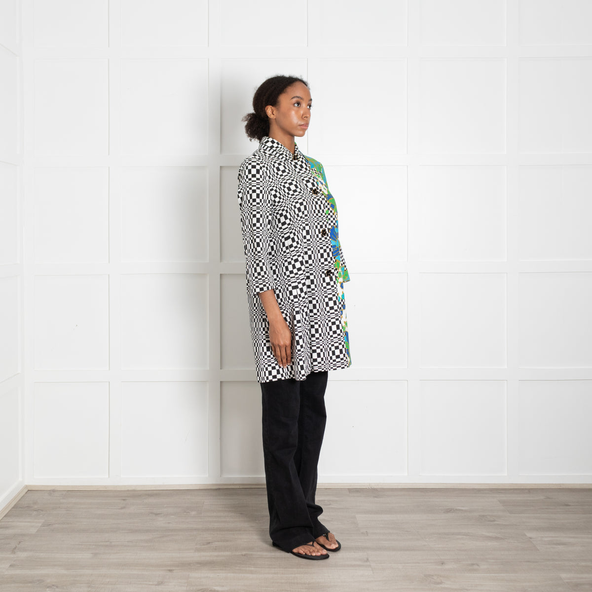 Weekend Max Mara White Black Check Green Floral Print Coat