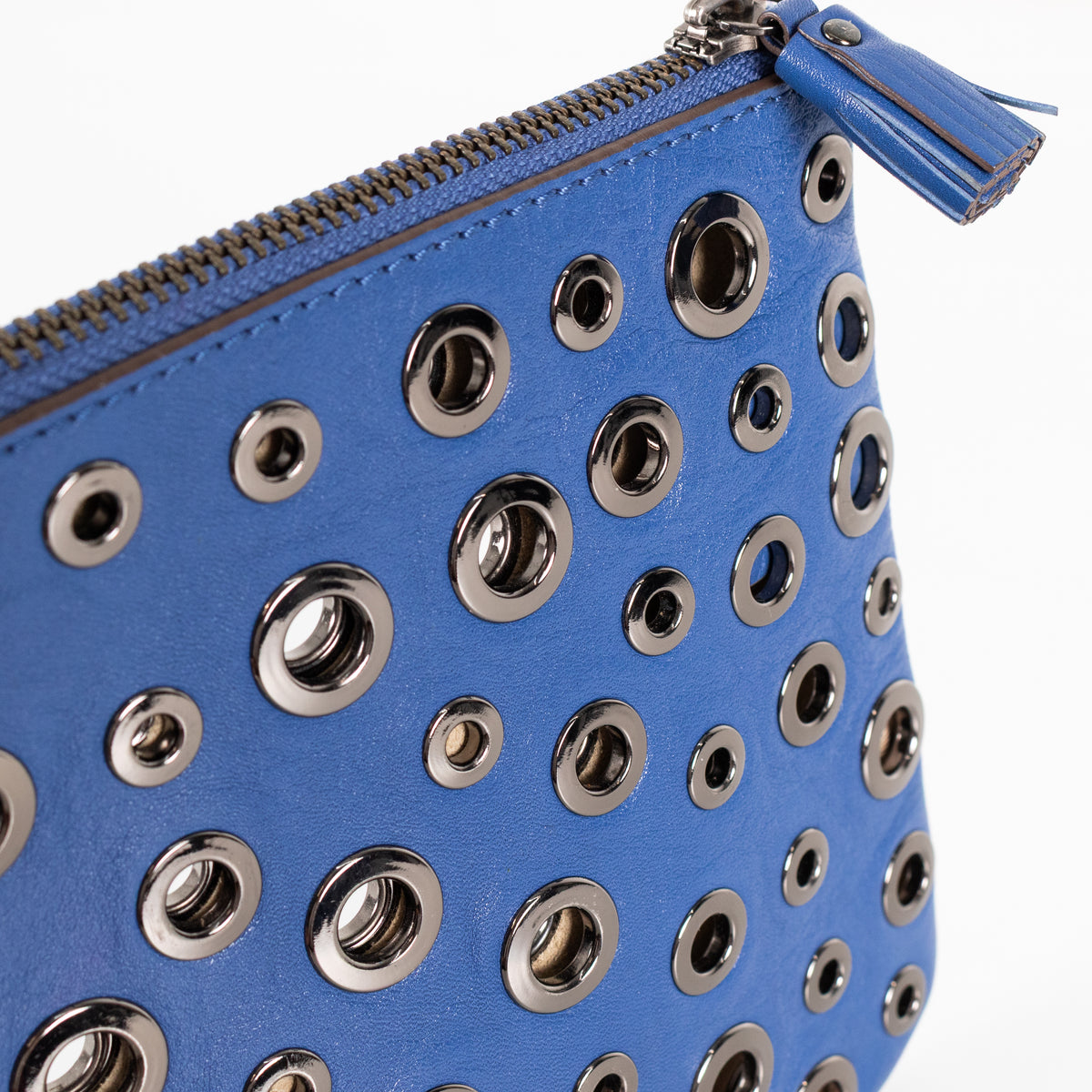 Anya Hindmarch Bright Blue Clutch with Gunmetal Eyelet Detailing