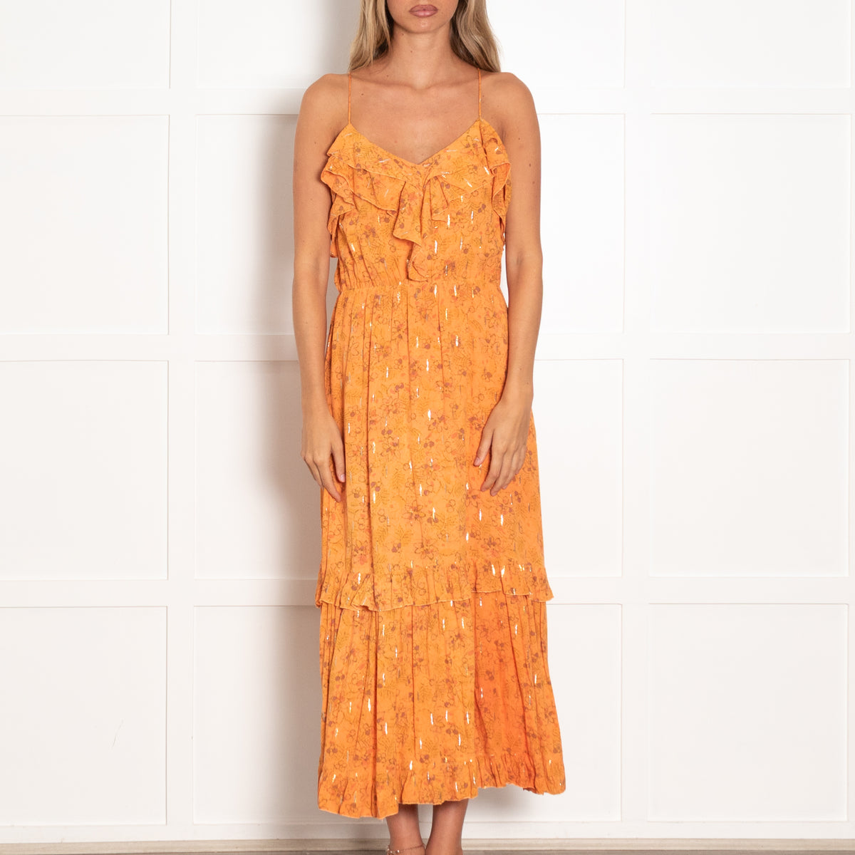 Suncoo Orange Spaghetti Strap Midi Dress with Lurex Thread UK 10