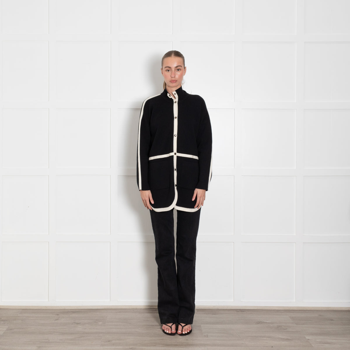 Strenesse Black Long Cardigan with Cream Piping And Popper Front