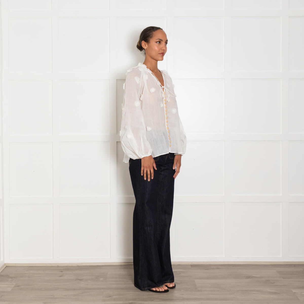 Zimmermann White Linen Lola Applique Flower Blouse