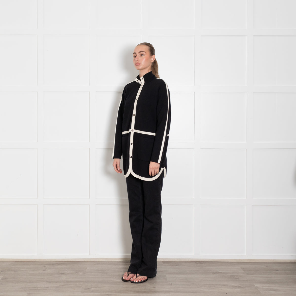 Strenesse Black Long Cardigan with Cream Piping And Popper Front