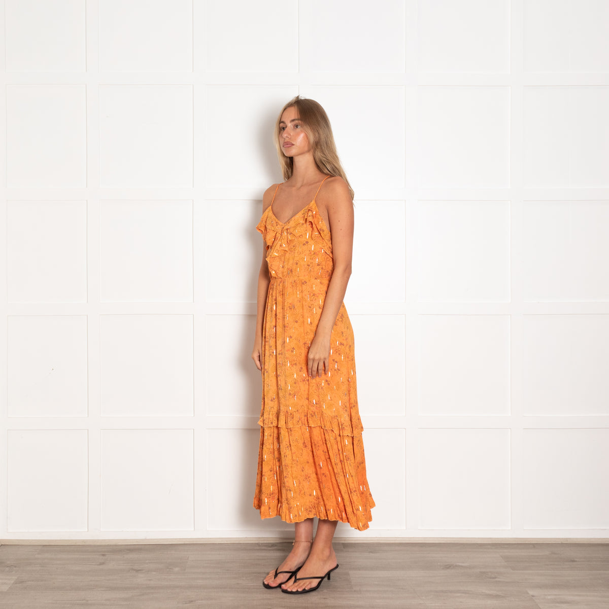 Suncoo Orange Spaghetti Strap Midi Dress with Lurex Thread UK 10
