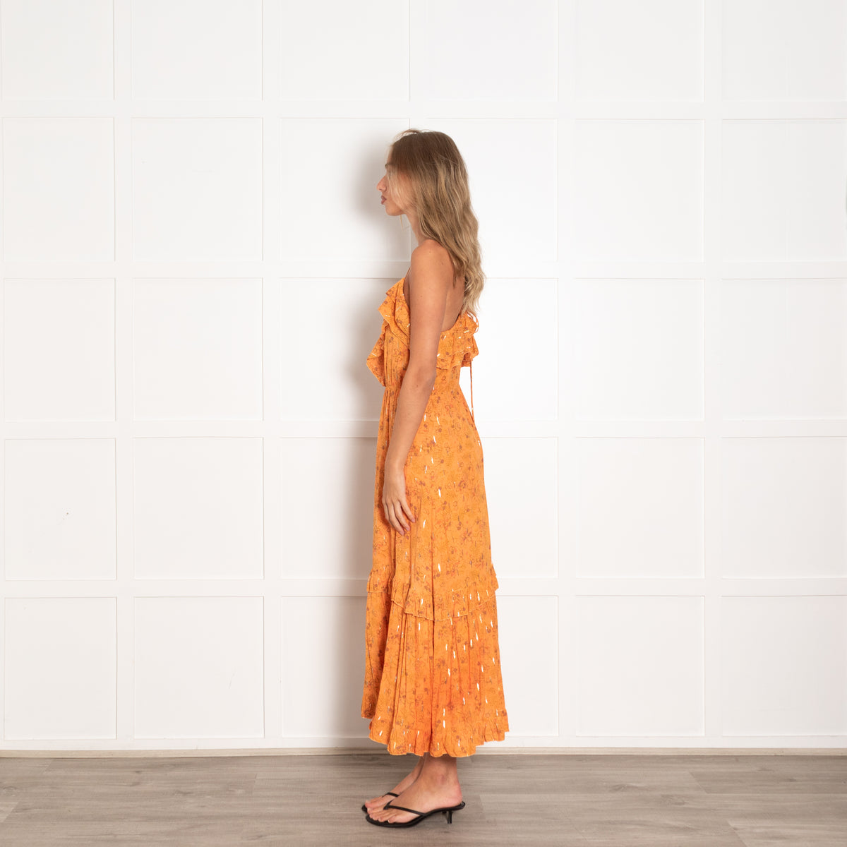 Suncoo Orange Spaghetti Strap Midi Dress with Lurex Thread UK 10