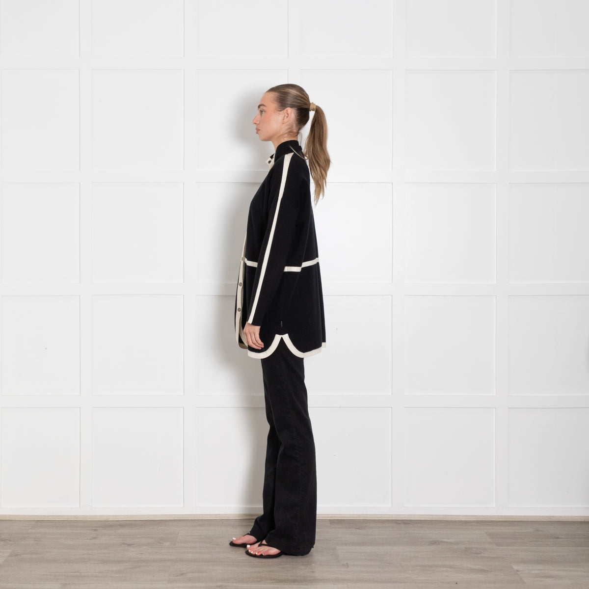 Strenesse Black Long Cardigan with Cream Piping And Popper Front