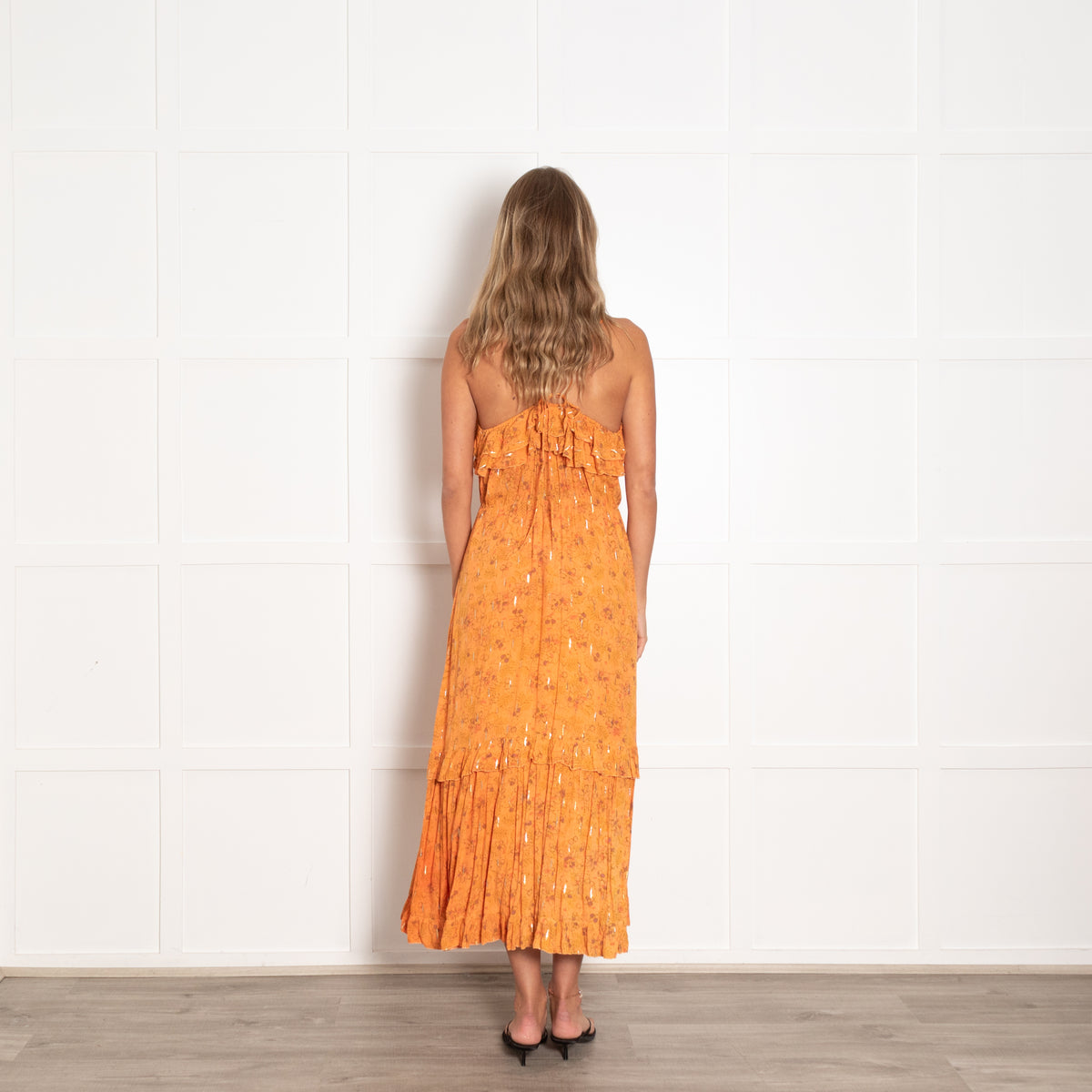 Suncoo Orange Spaghetti Strap Midi Dress with Lurex Thread UK 10