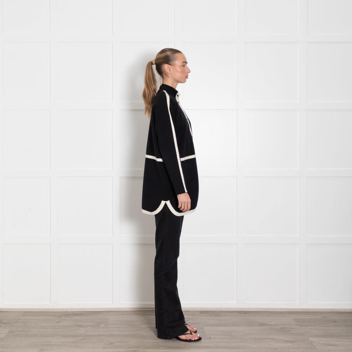 Strenesse Black Long Cardigan with Cream Piping And Popper Front