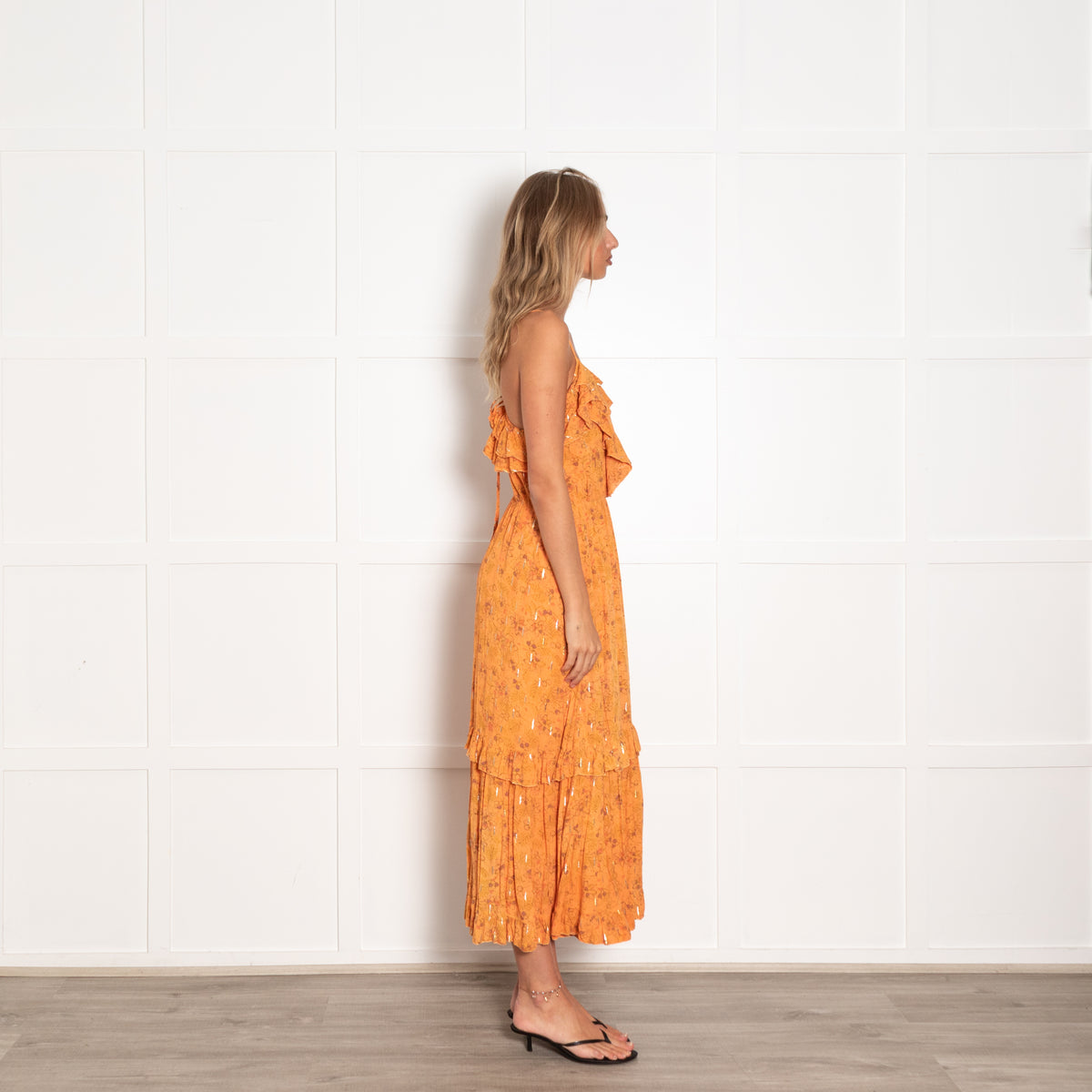 Suncoo Orange Spaghetti Strap Midi Dress with Lurex Thread UK 10