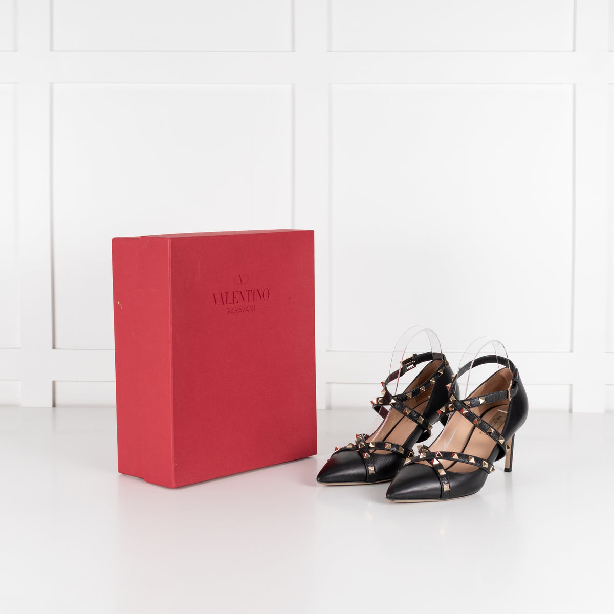 Valentino Black Leather Rockstud Ankle Wrap Heeled Shoes
