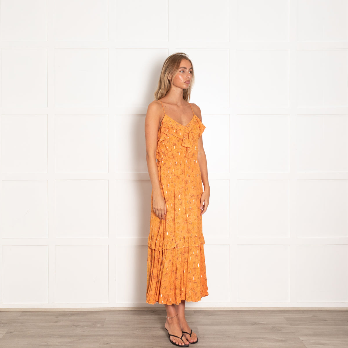 Suncoo Orange Spaghetti Strap Midi Dress with Lurex Thread UK 10
