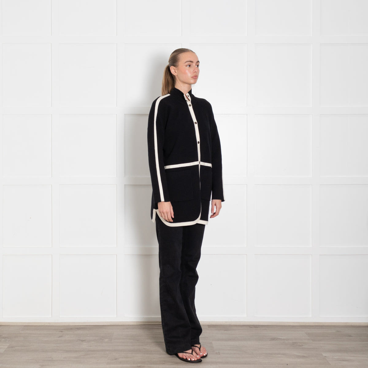 Strenesse Black Long Cardigan with Cream Piping And Popper Front