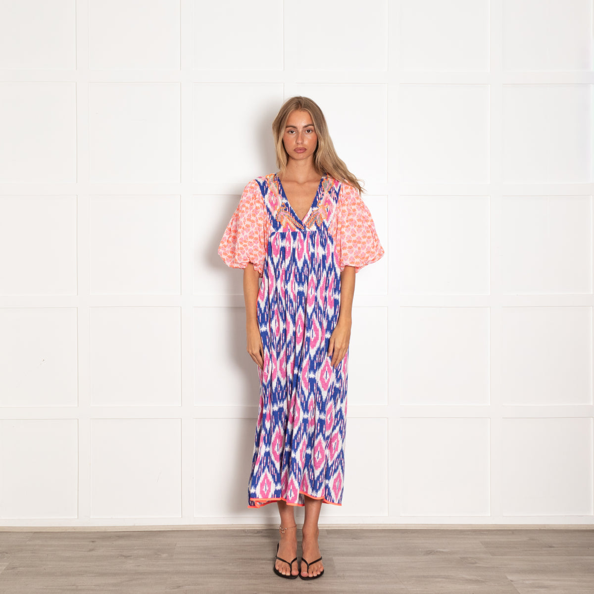 Place Du Soleil Pink and Blue Ikat Dress with Puff Sleeves and Embroidery