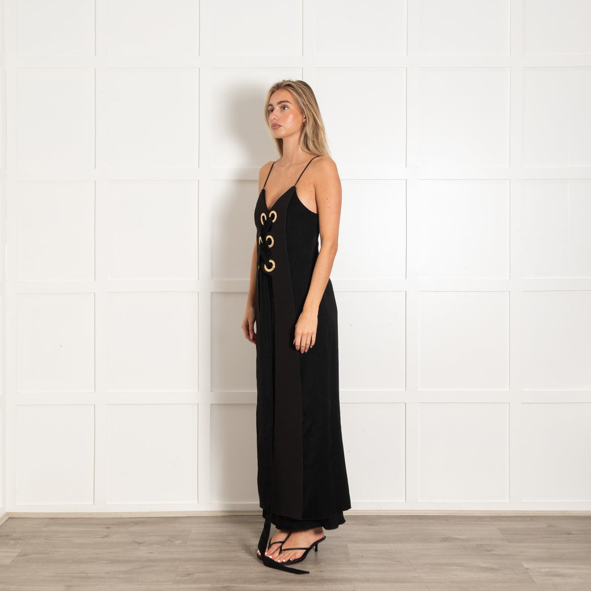 Ellery Black Gold Eyelet Detail Sleeveless Long Dress