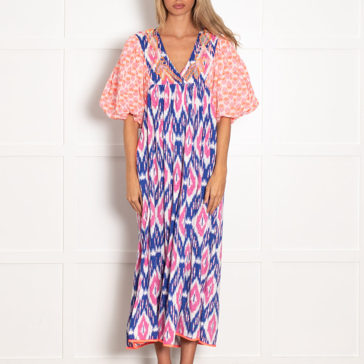 Place Du Soleil Pink and Blue Ikat Dress with Puff Sleeves and Embroidery