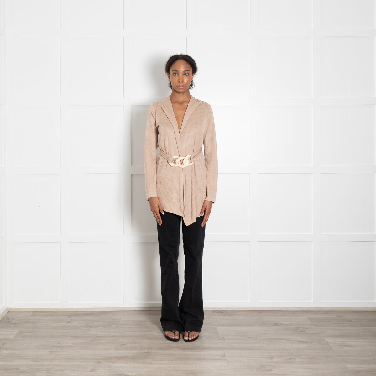 Max Mara Beige Silk Cream Perspex Not Belt Hooded Cardigan