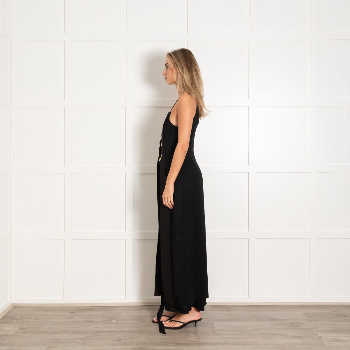 Ellery Black Gold Eyelet Detail Sleeveless Long Dress