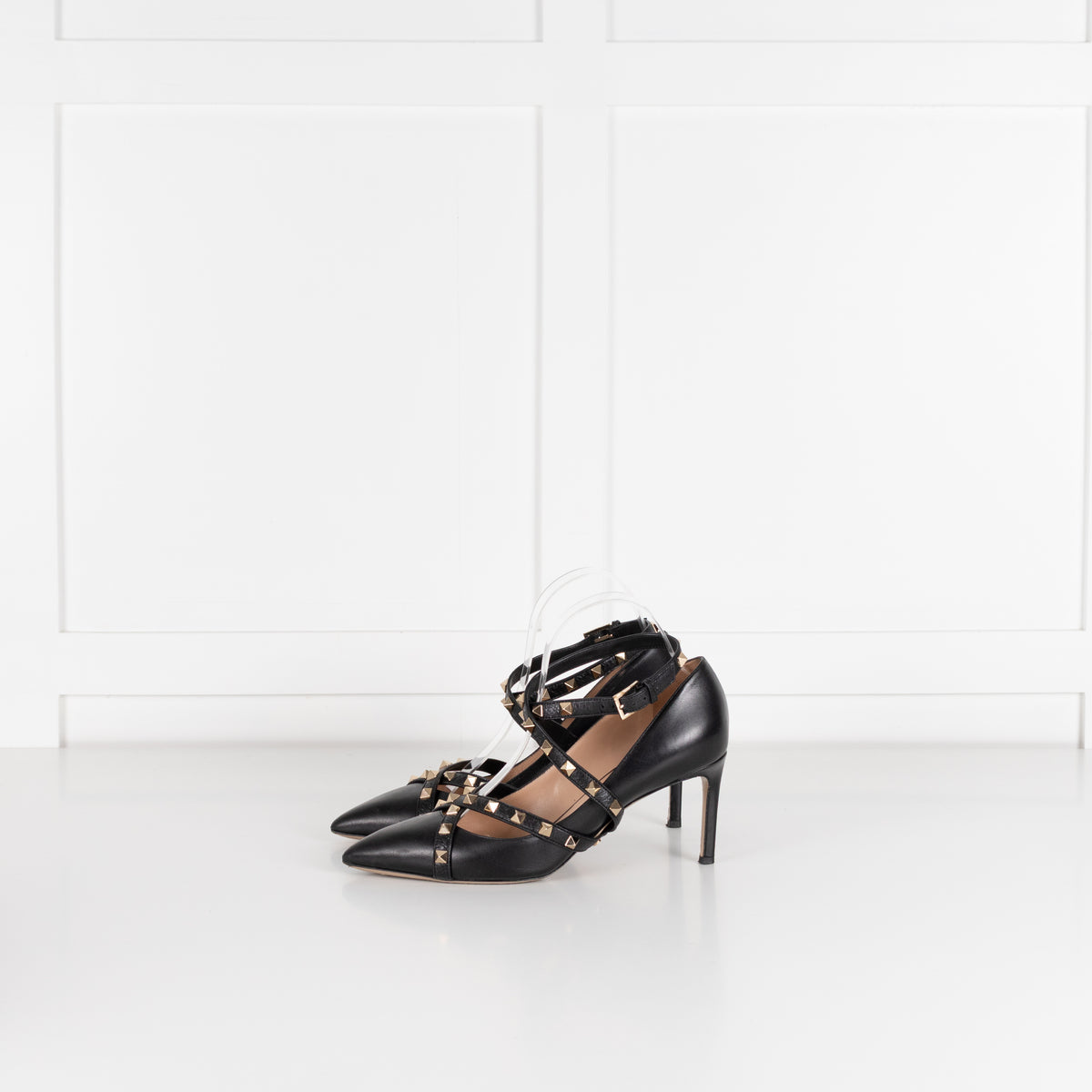 Valentino Black Leather Rockstud Ankle Wrap Heeled Shoes