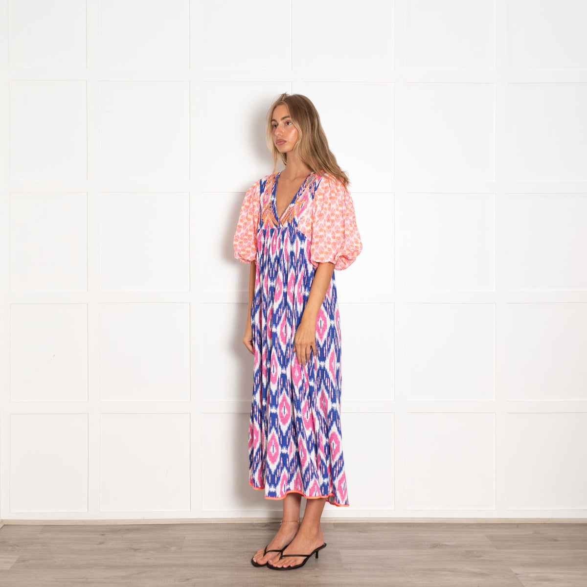 Place Du Soleil Pink and Blue Ikat Dress with Puff Sleeves and Embroidery
