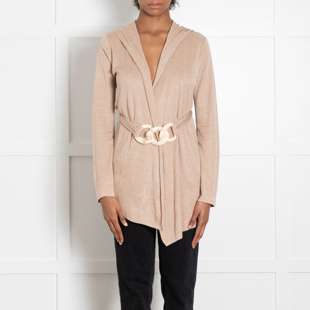Max Mara Beige Silk Cream Perspex Not Belt Hooded Cardigan