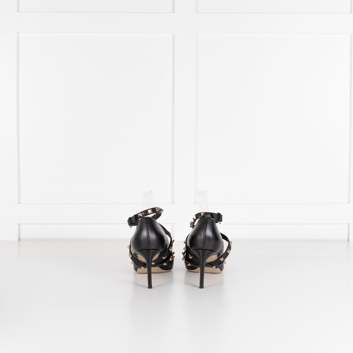 Valentino Black Leather Rockstud Ankle Wrap Heeled Shoes