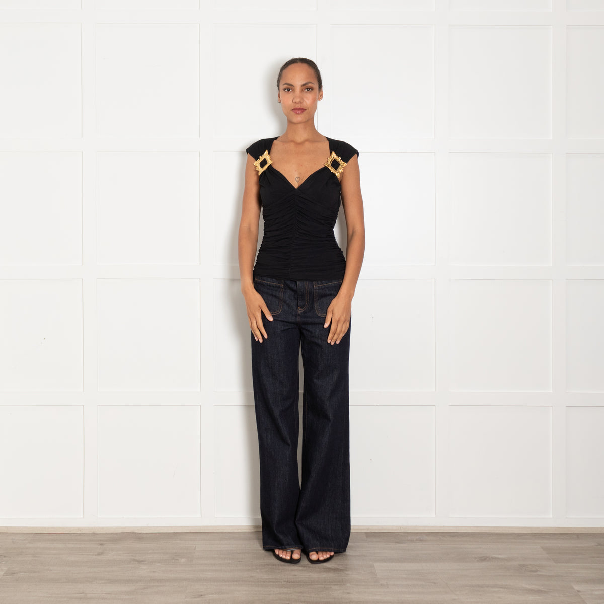 Moschino Couture Black Ruched Gold Buckle Detail Sleeveless Top