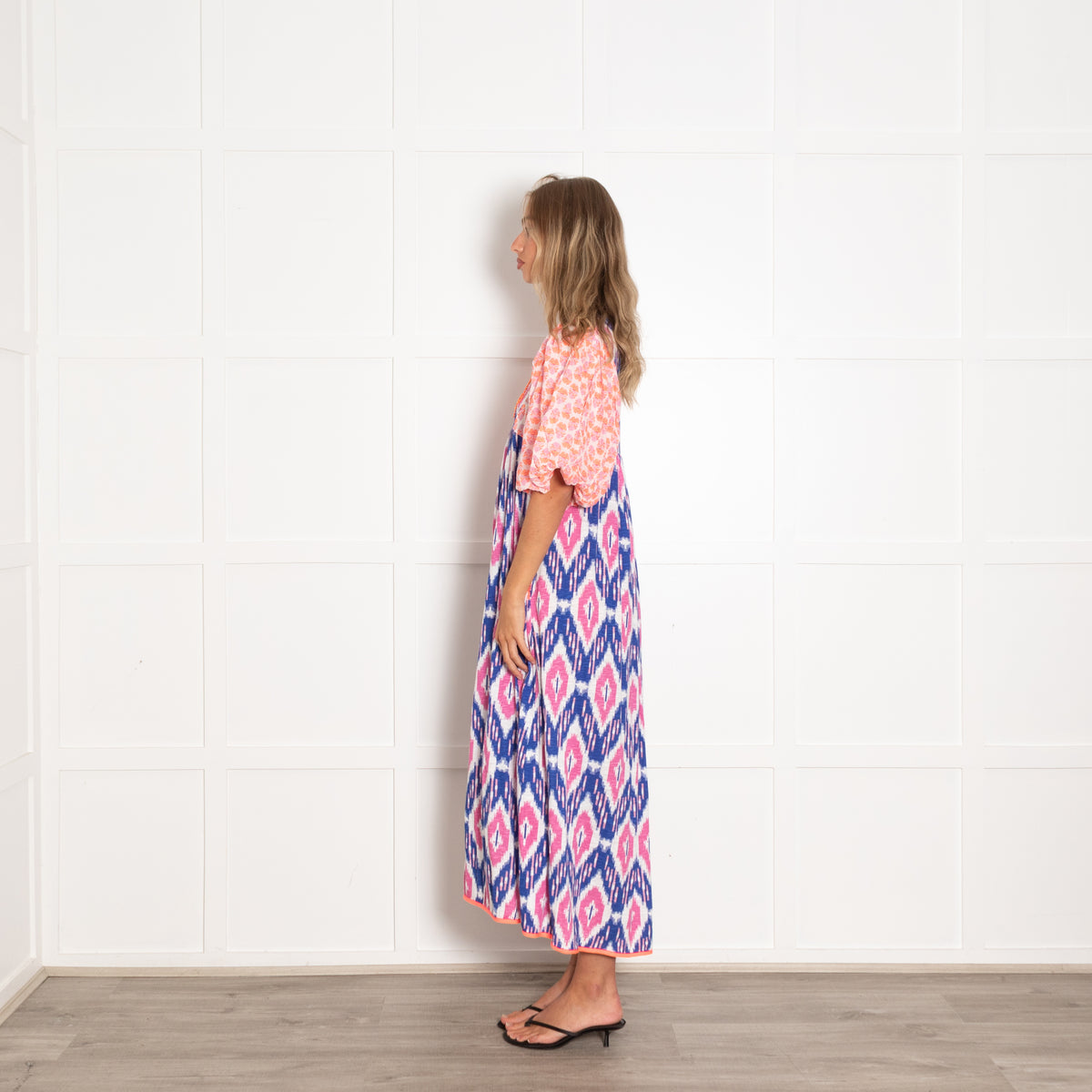 Place Du Soleil Pink and Blue Ikat Dress with Puff Sleeves and Embroidery