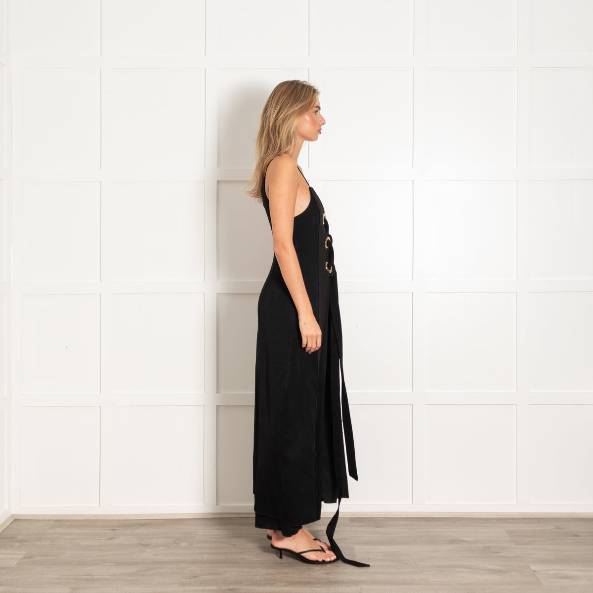Ellery Black Gold Eyelet Detail Sleeveless Long Dress