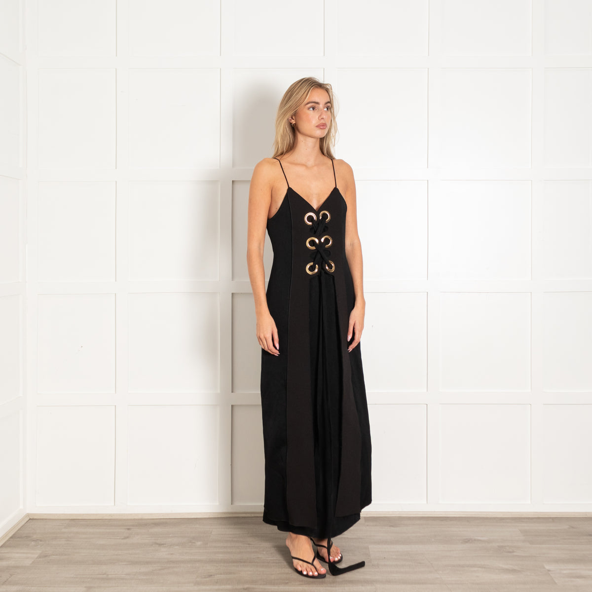 Ellery Black Gold Eyelet Detail Sleeveless Long Dress