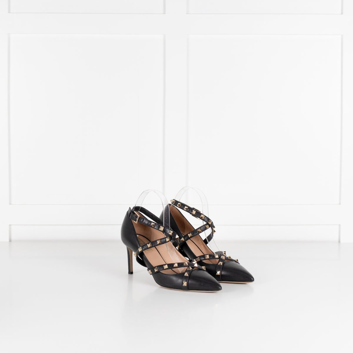 Valentino Black Leather Rockstud Ankle Wrap Heeled Shoes