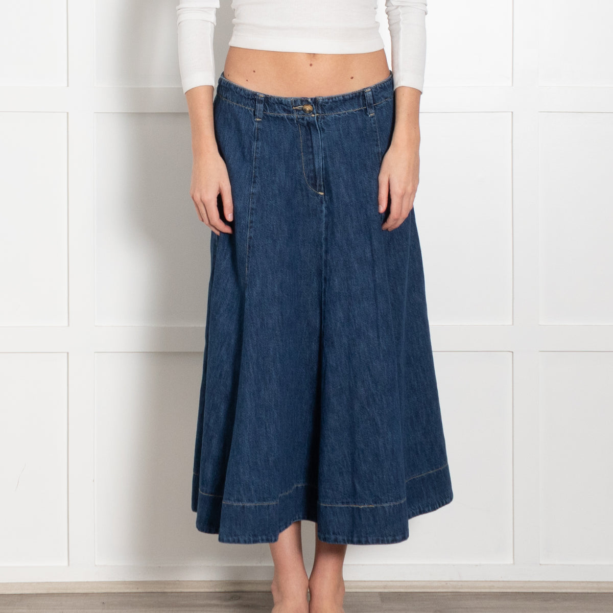 Project AJ 117 Blue Denim A-Line Midi Skirt