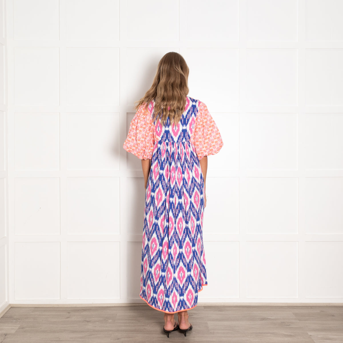 Place Du Soleil Pink and Blue Ikat Dress with Puff Sleeves and Embroidery