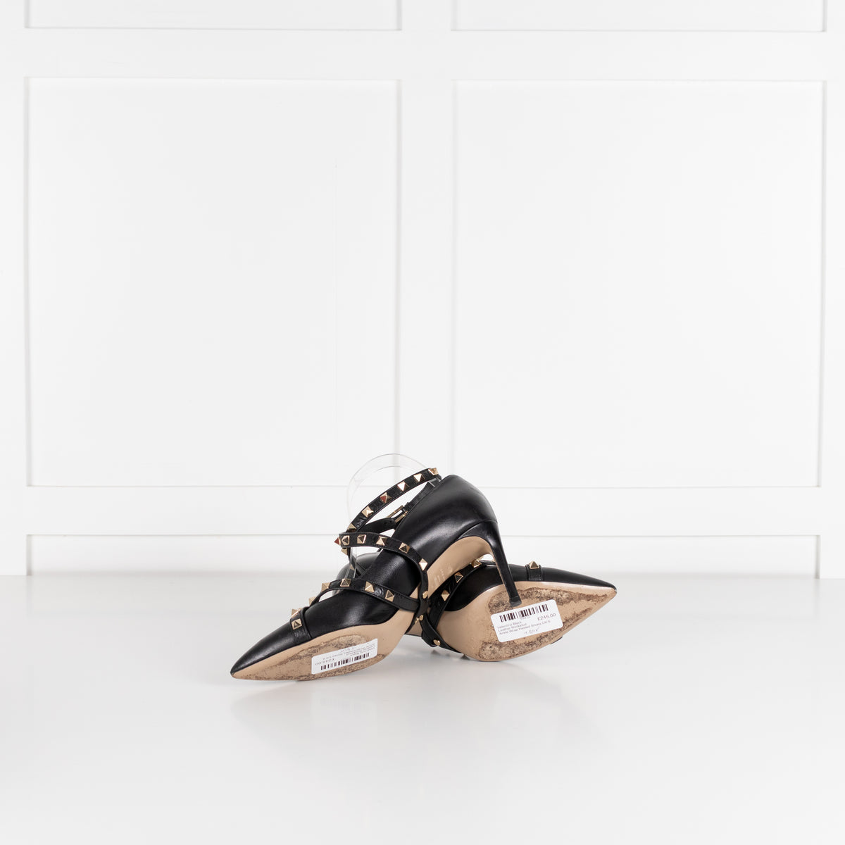 Valentino Black Leather Rockstud Ankle Wrap Heeled Shoes