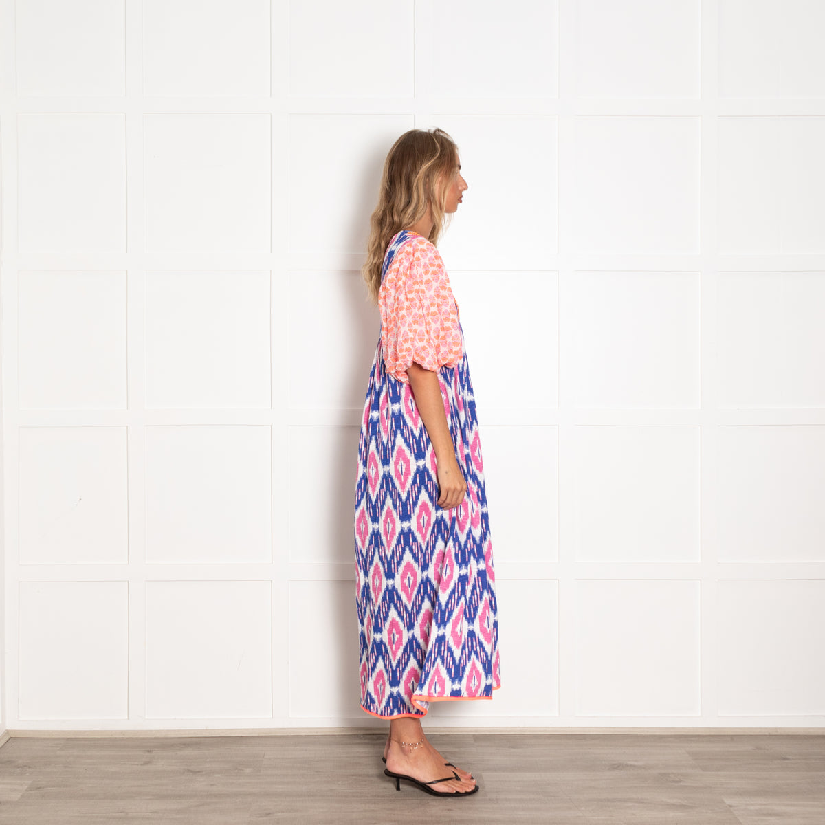 Place Du Soleil Pink and Blue Ikat Dress with Puff Sleeves and Embroidery