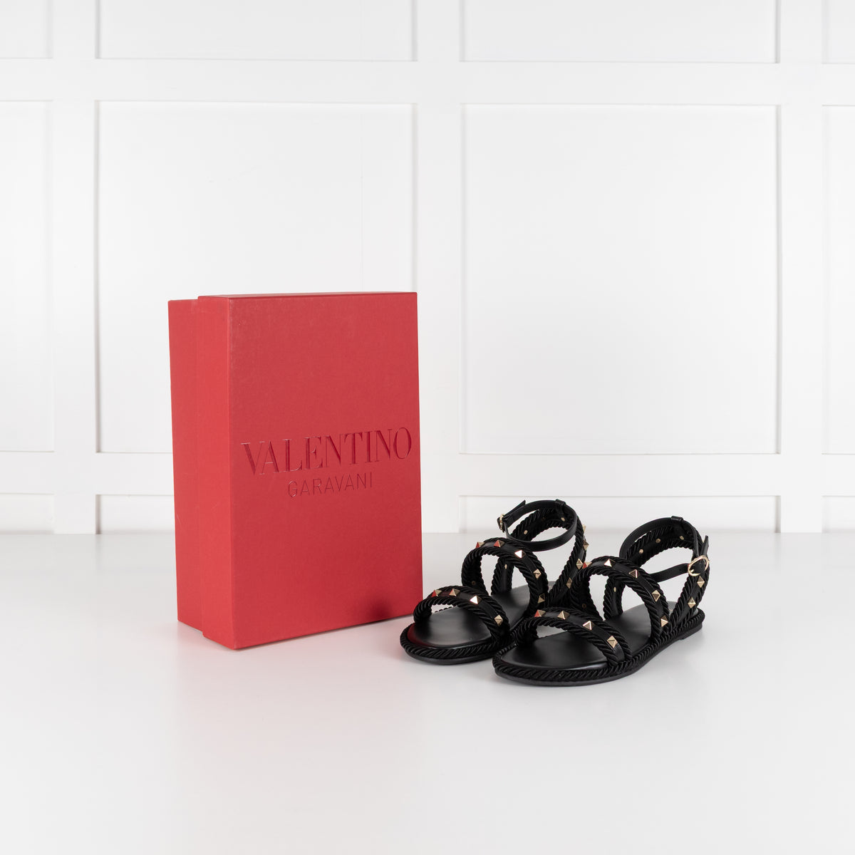 Valentino Garavani Black Rockstud Torchon Leather Sandals