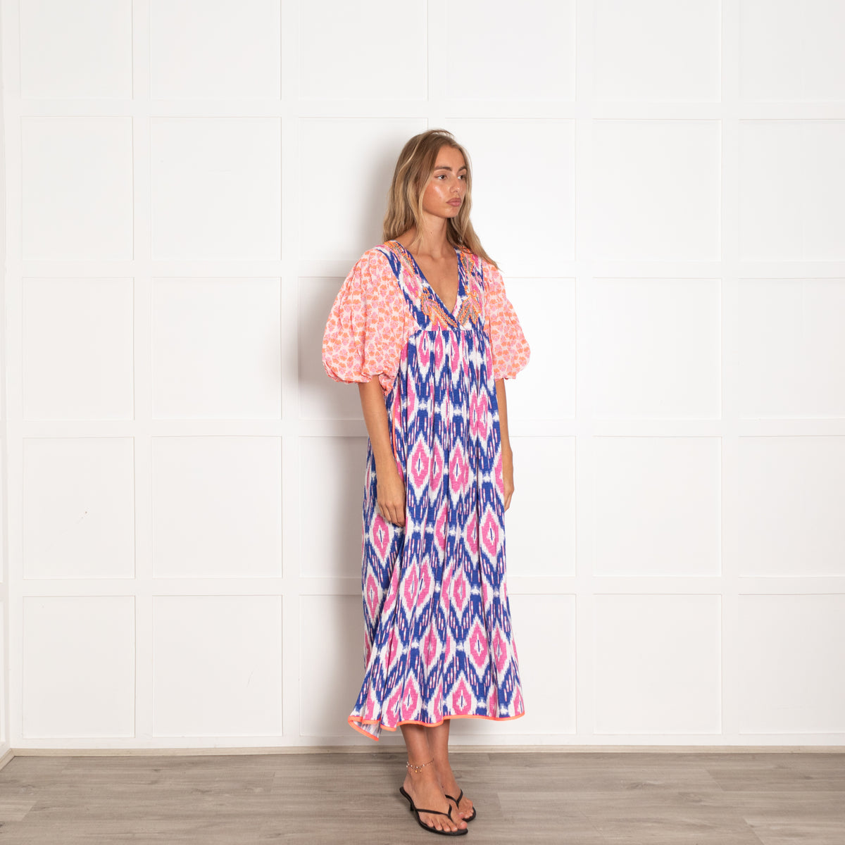 Place Du Soleil Pink and Blue Ikat Dress with Puff Sleeves and Embroidery